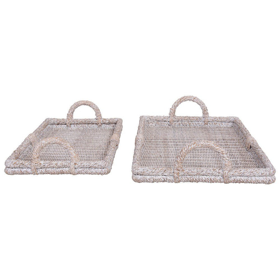 Whitewash Rattan Tray with Handles - Foundation Goods