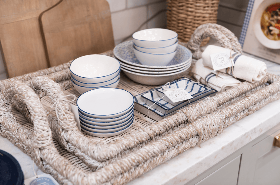 Whitewash Rattan Tray with Handles - Foundation Goods